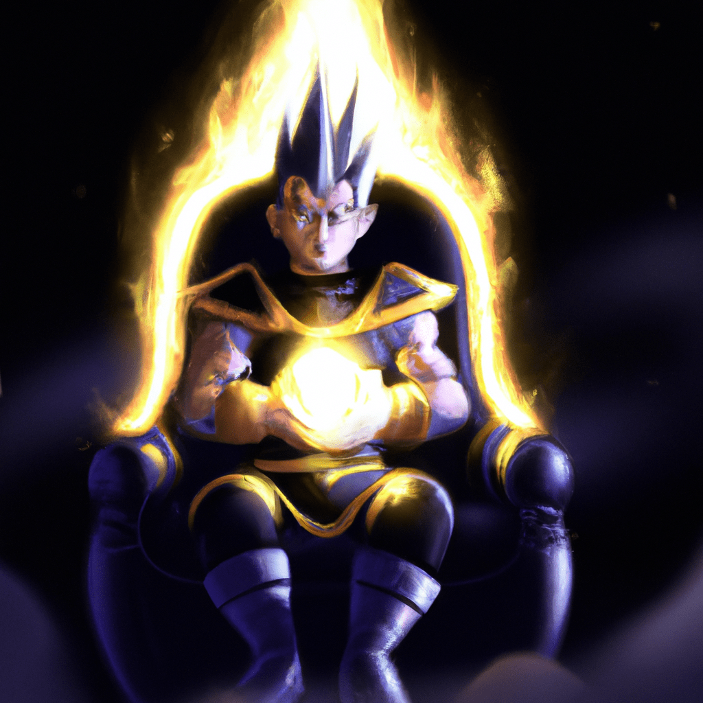 Mui vegeta from dragonball super, sitting on a golden throne, with frieza as his right hand. Anime style, hogh quality