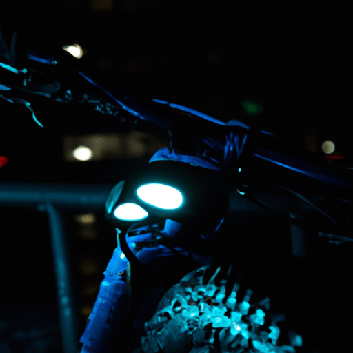 Fatbike, cruising through late night urban area, led headlight facing camera, 70mm wide lens, canon camera, rainy day, blue en white lighting, cinematic.