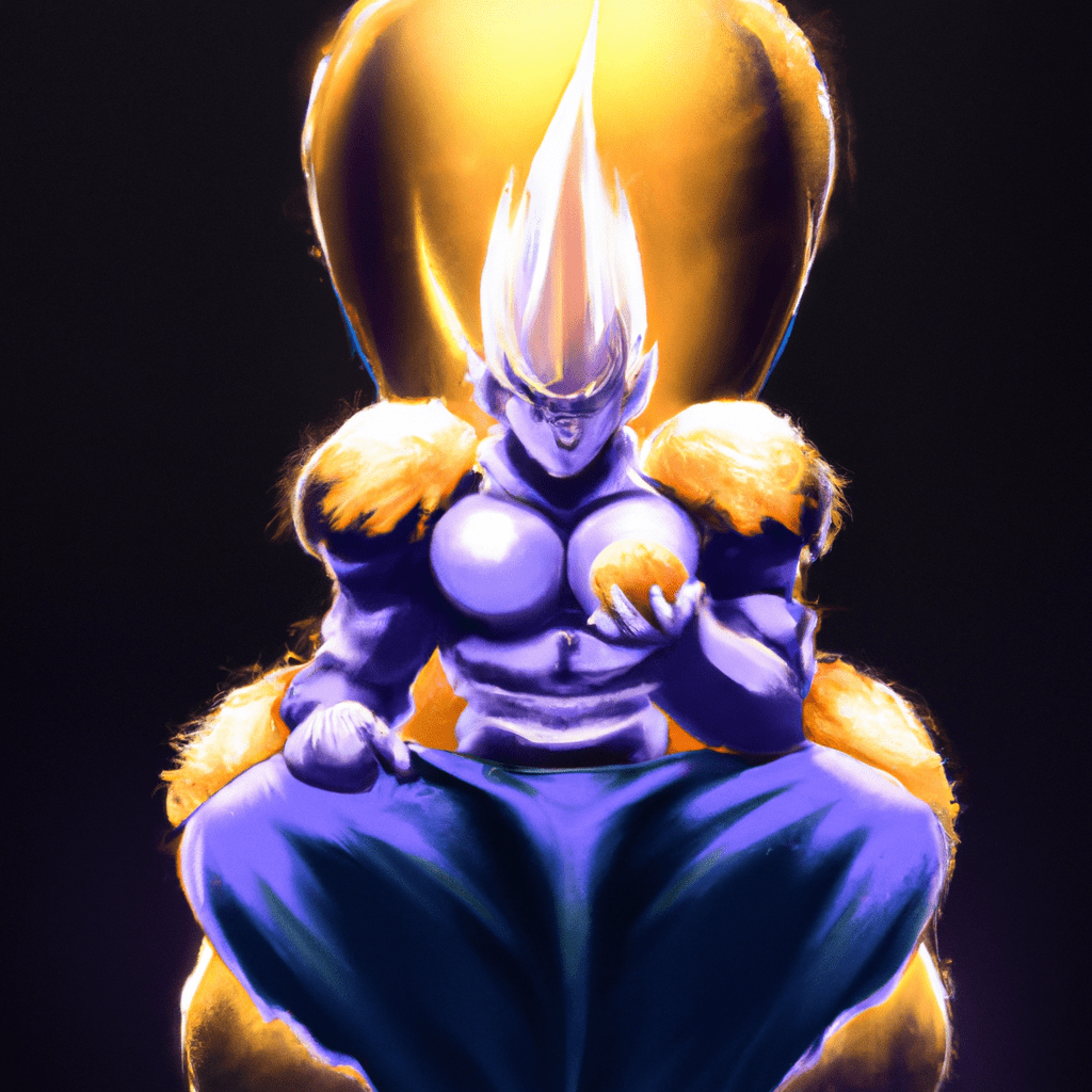 Mui vegeta from dragonball super, sitting on a golden throne, with frieza as his right hand. Anime style, hogh quality